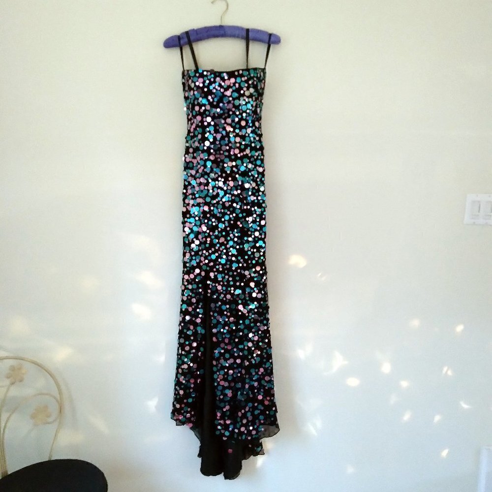 Tiffany Strapless Multicolor Giant Sequins on Black Silk  HiLo Fishtail Gown Sz2
